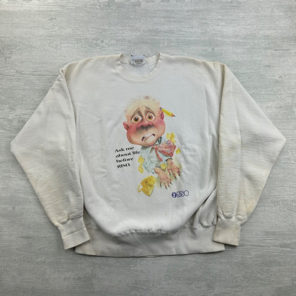 Vintage 90s Riso Drug Sweatshirt Size XXL White Funny Parody Promo Crewneck